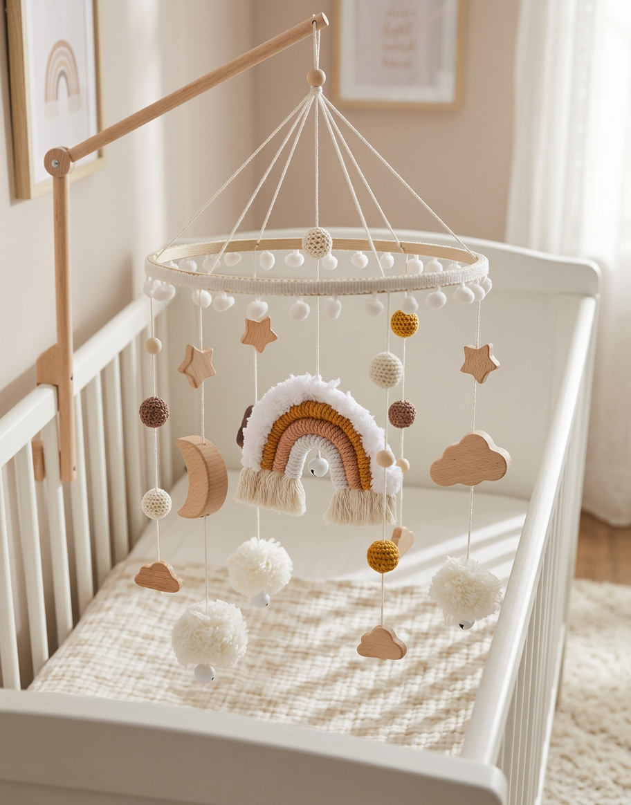 Handmade Wooden Baby Crib Mobile with Crochet Pendants – Soothing Bed Toy for Newborns