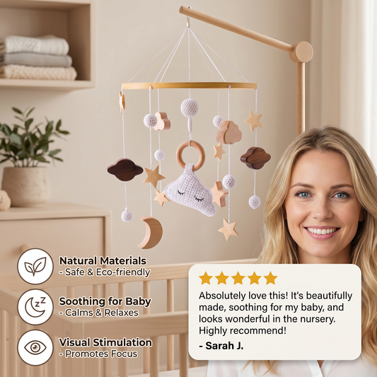 Handmade Wooden Baby Crib Mobile with Crochet Pendants – Soothing Bed Toy for Newborns