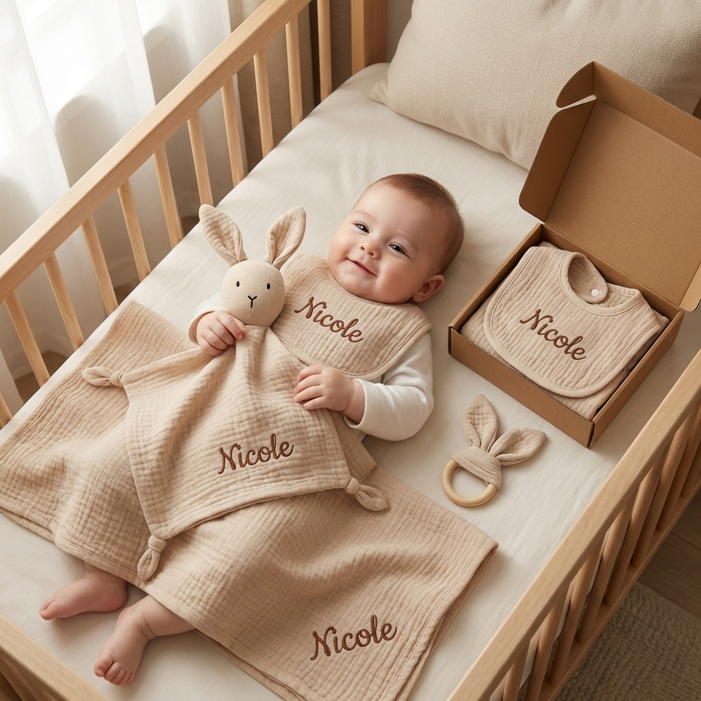 Personalised 4-Piece Newborn Gift Set – Muslin, Bunny Comforter, Teether & Bib (100% Cotton)