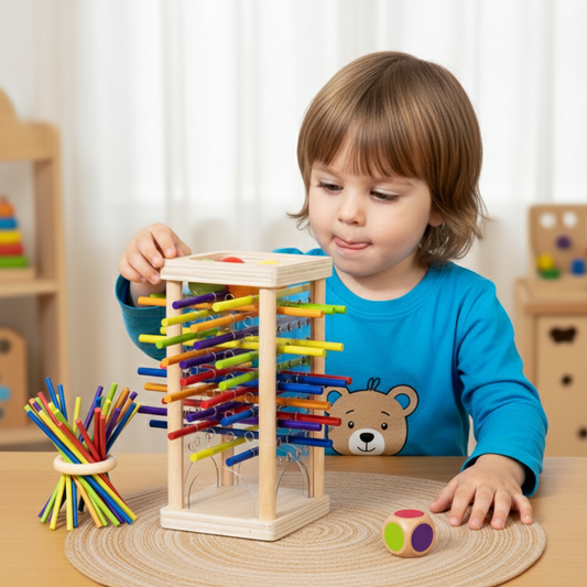 Educational 3-in-1 wooden ball and stick dexterity game