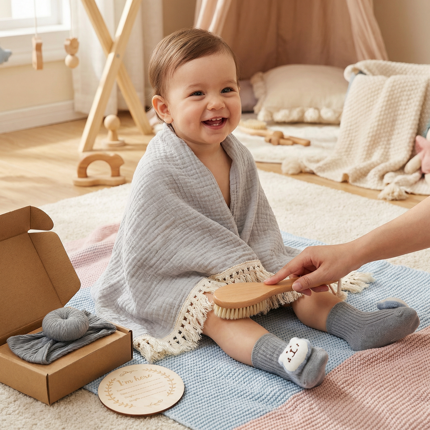 Baby Care Gift Box – Towel, Socks or Headband & Bath Brush for Newborns