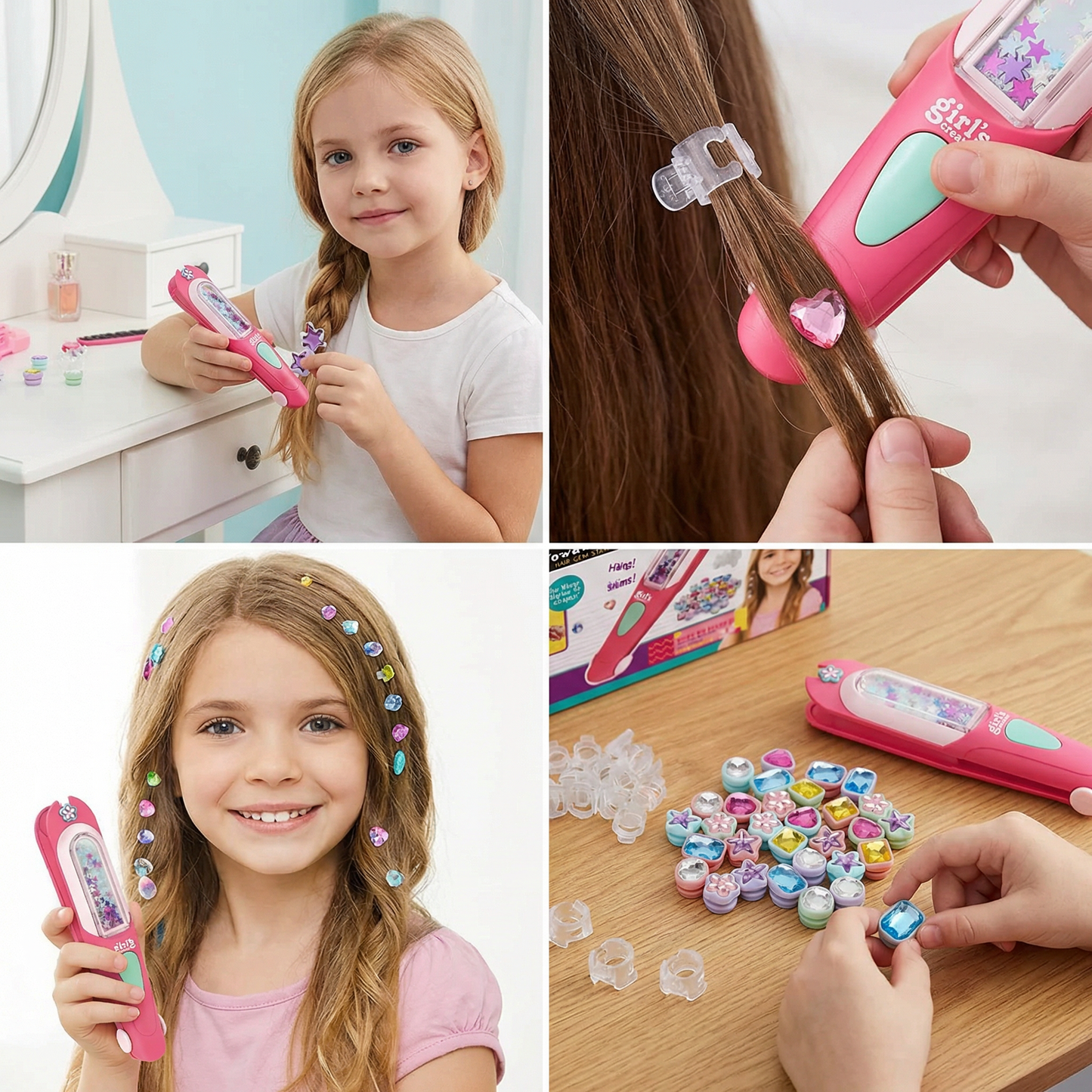 Kids Hair Gem Styling Kit – Hair Gem Stamper with Reusable Sparkling Gems