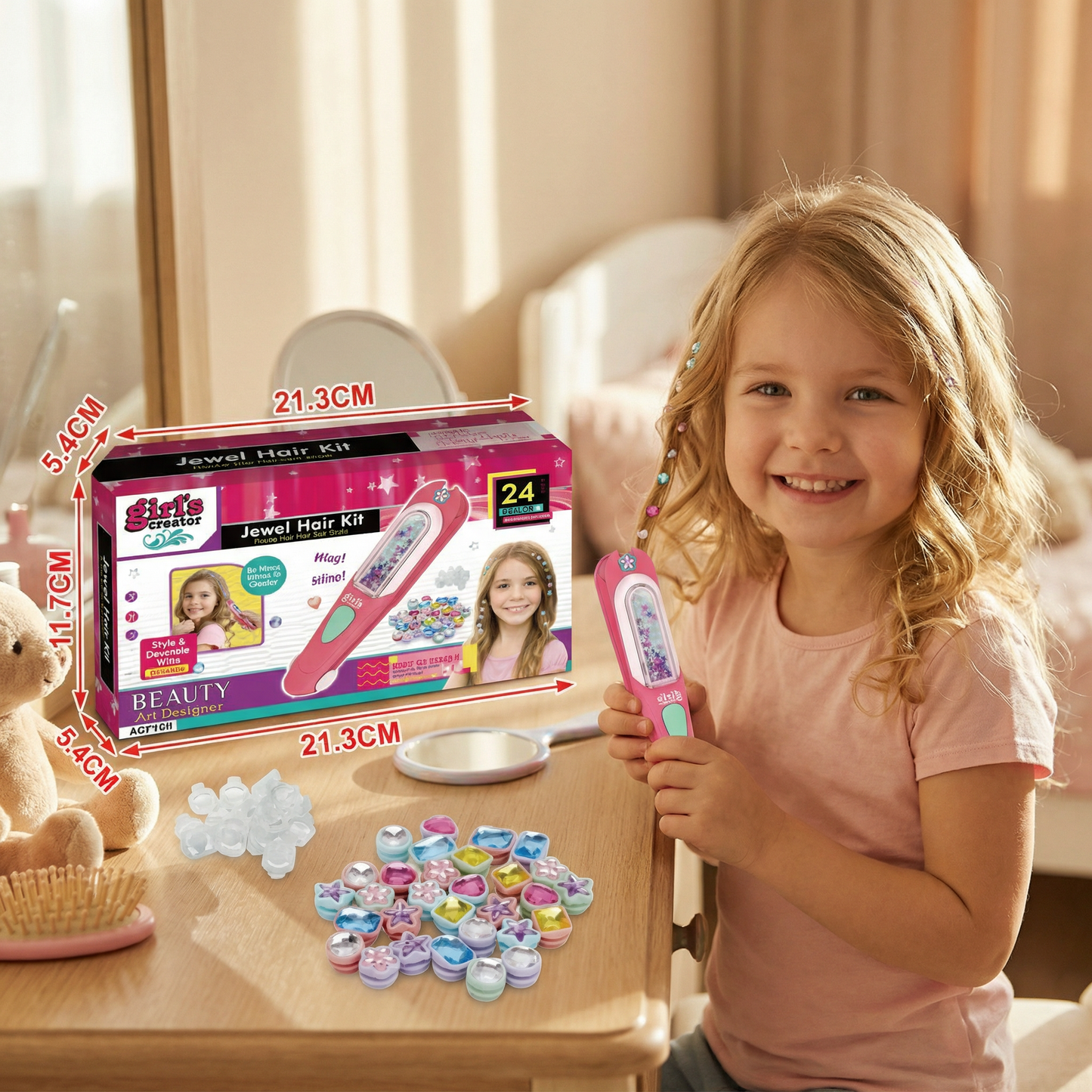 Kids Hair Gem Styling Kit – Hair Gem Stamper with Reusable Sparkling Gems