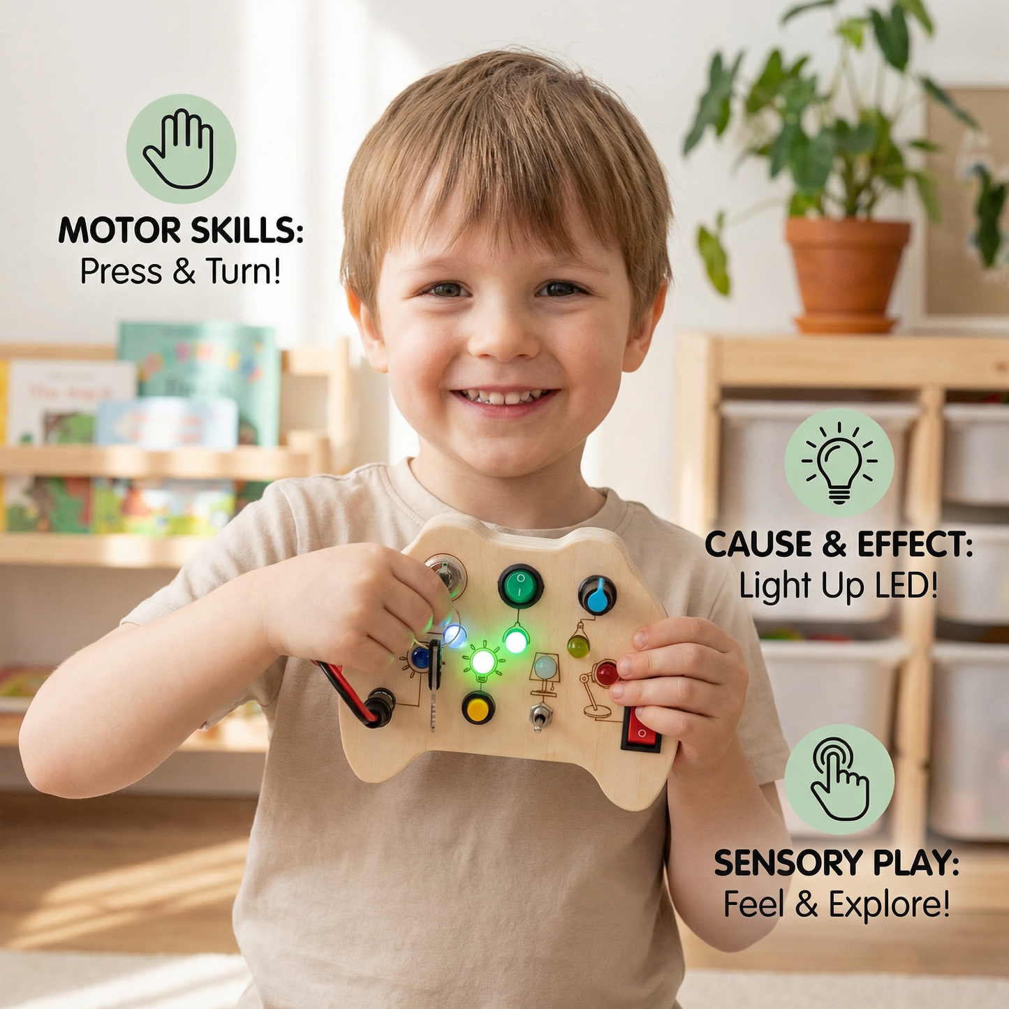 Wooden LED Busy Board Controller – Montessori Sensory Learning Toy for Motor Skills