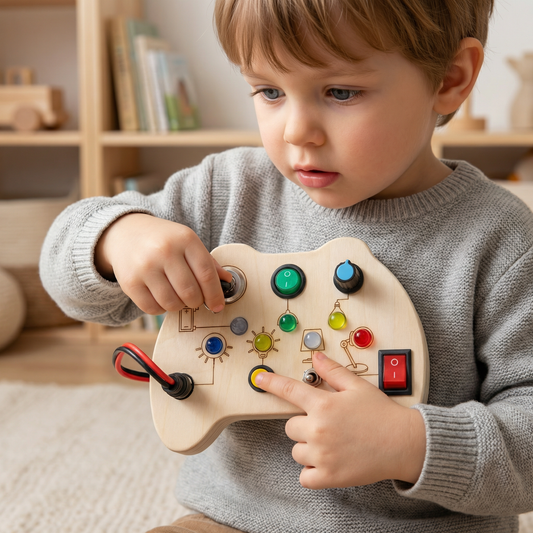 Wooden LED Busy Board Controller – Montessori Sensory Learning Toy for Motor Skills
