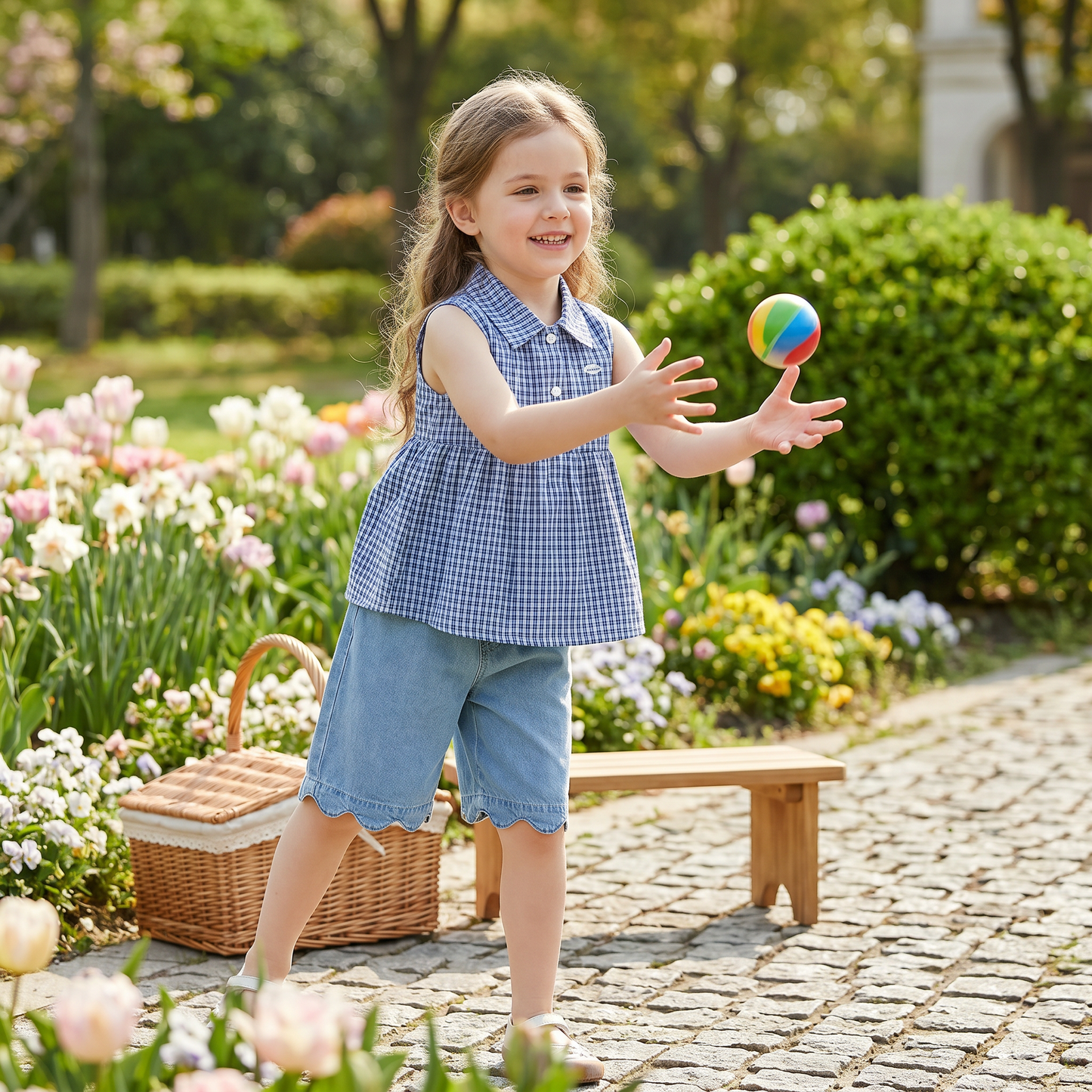 Girls’ Spring & Summer 2-Piece Outfit – Plaid Cotton Blend Top & Versatile Denim Pants Set