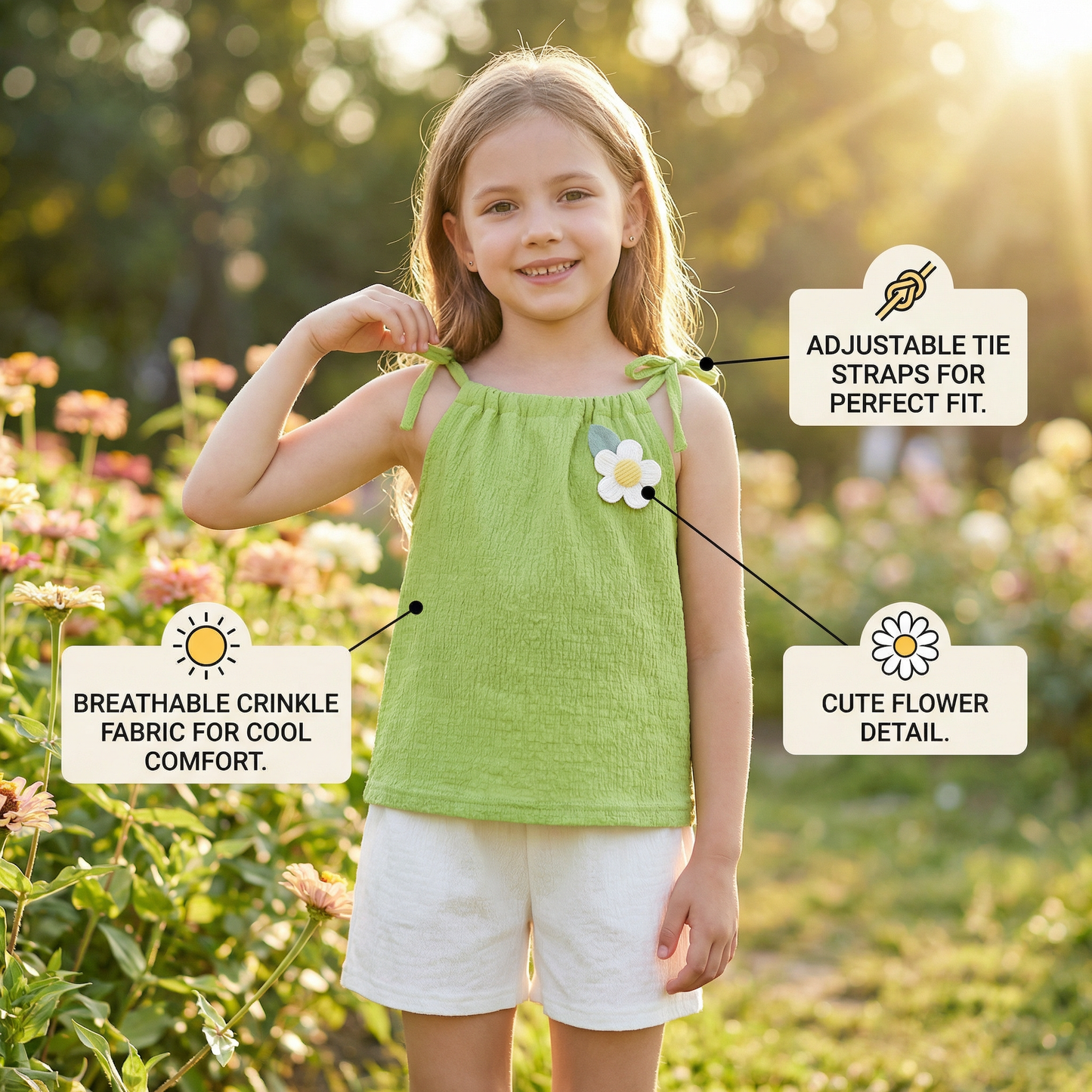 Girls’ Korean Style Summer 2-Piece Set – Floral Camisole Top & Shorts