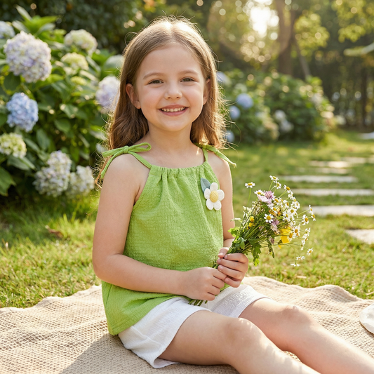 Girls’ Korean Style Summer 2-Piece Set – Floral Camisole Top & Shorts