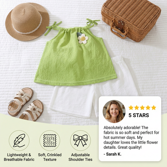Girls’ Korean Style Summer 2-Piece Set – Floral Camisole Top & Shorts