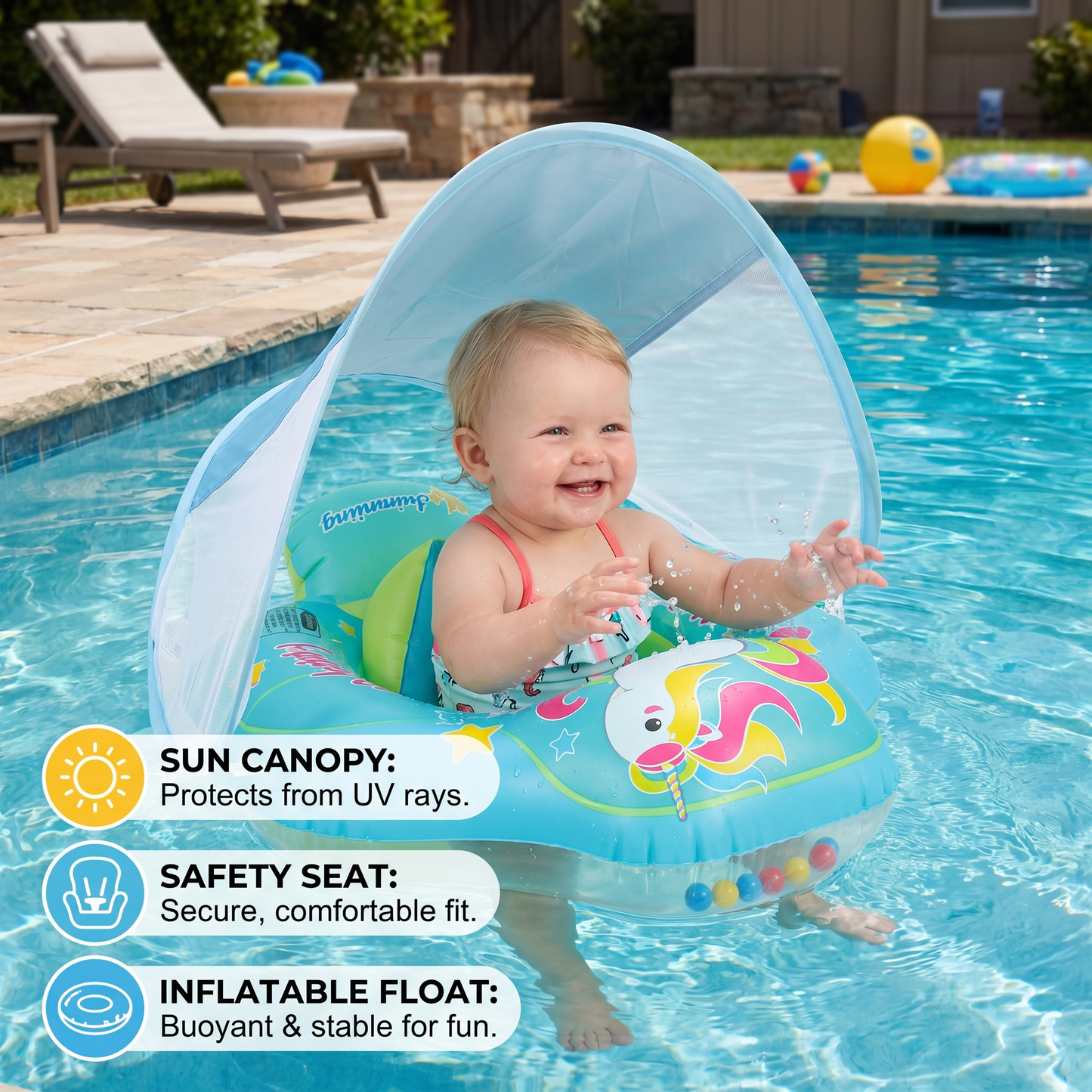 Baby Swim Float with Sun Canopy & Safety Seat – Inflatable Pool Float for Babies