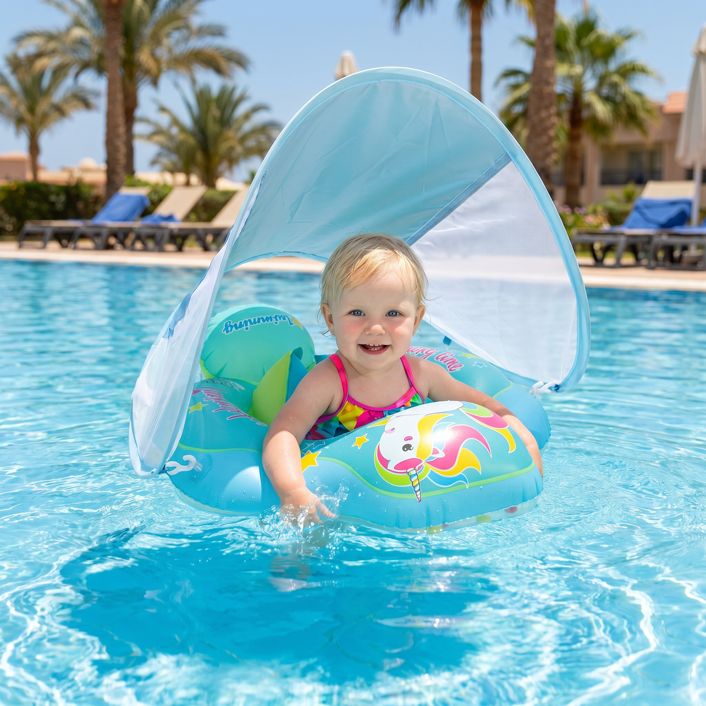 Baby Swim Float with Sun Canopy & Safety Seat – Inflatable Pool Float for Babies