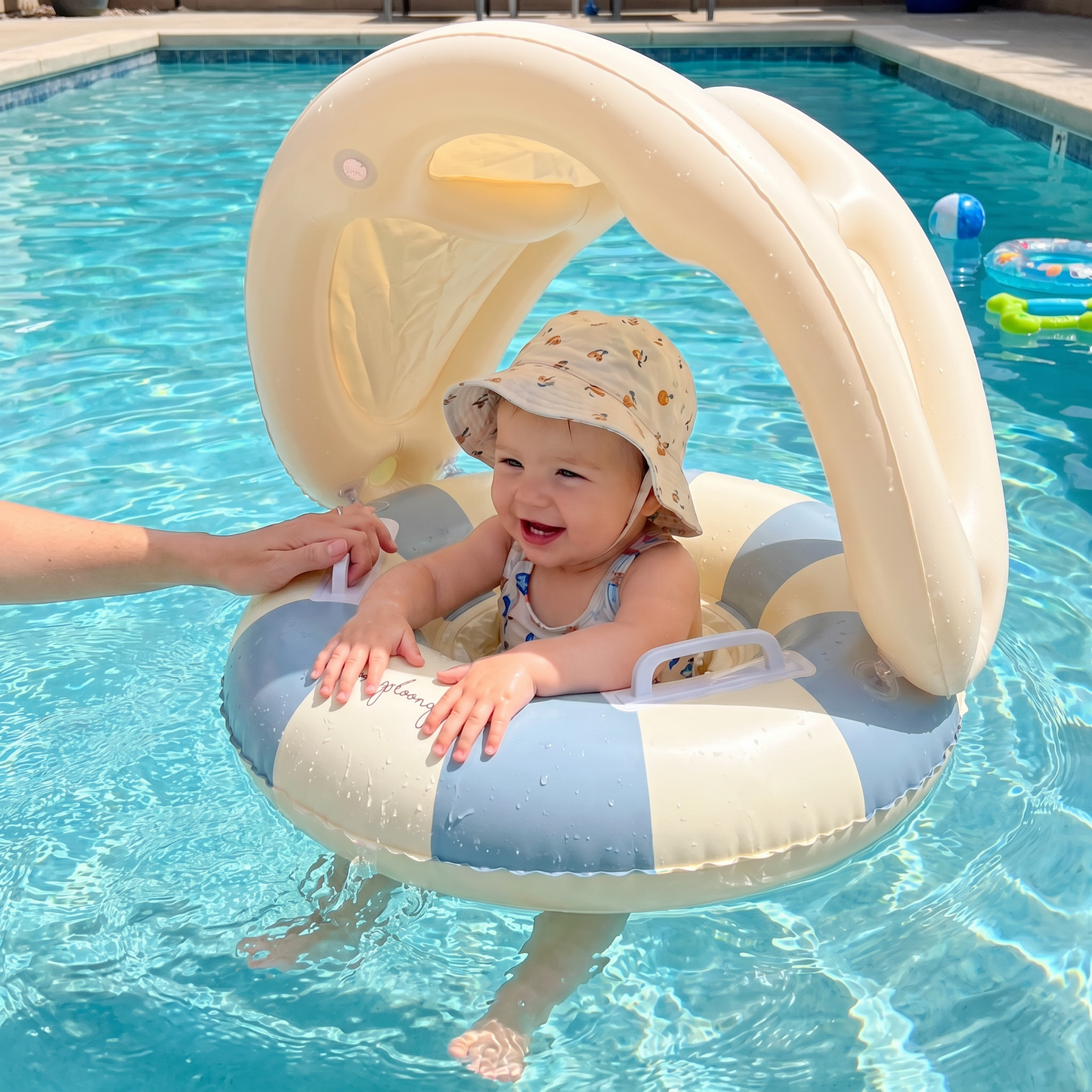 Inflatable Retro Striped Baby Swim Ring with Removable Sun Canopy – Secure Seat for 6–36 Months
