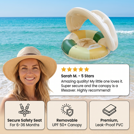Inflatable Retro Striped Baby Swim Ring with Removable Sun Canopy – Secure Seat for 6–36 Months
