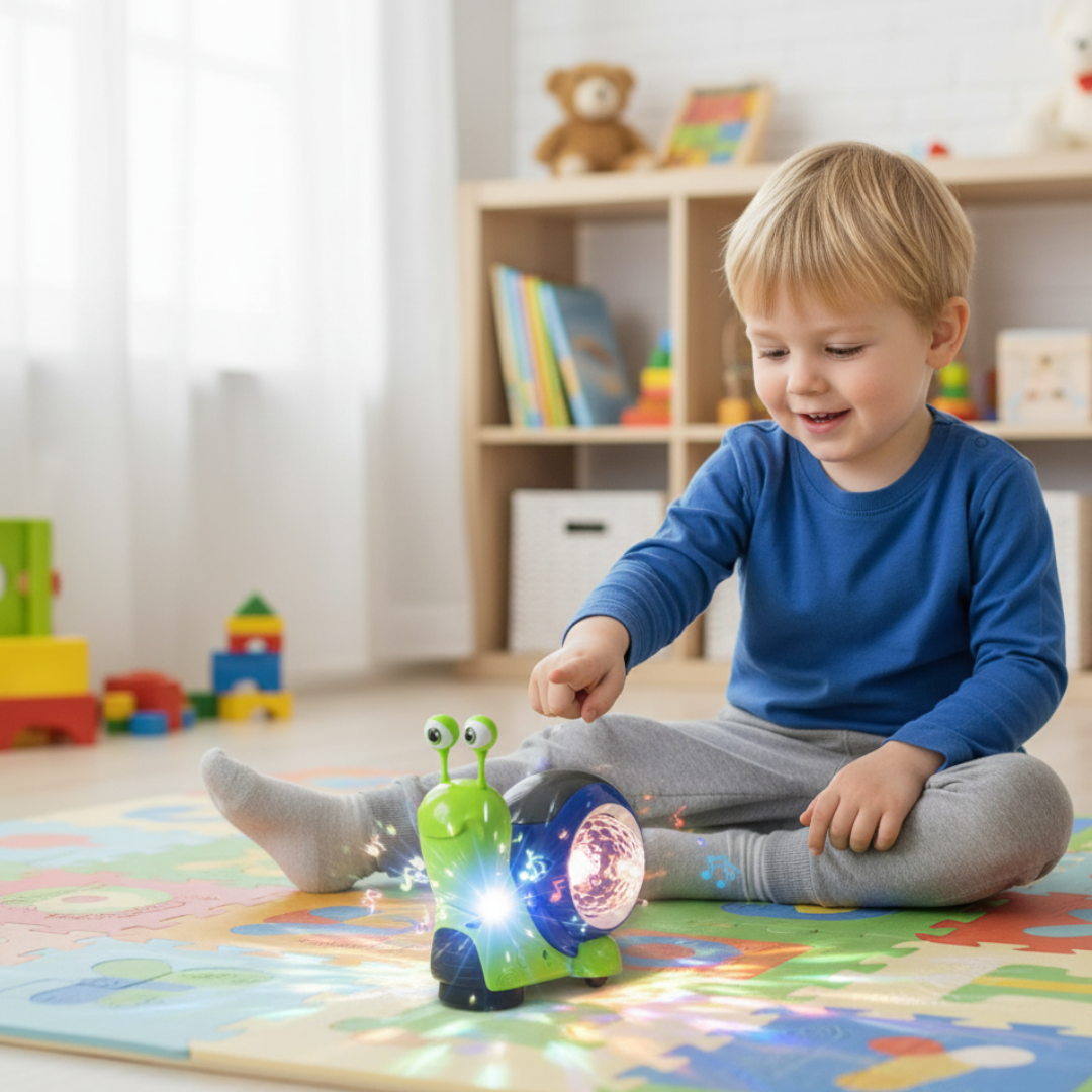 Light-up and music-playing snail crawling toy