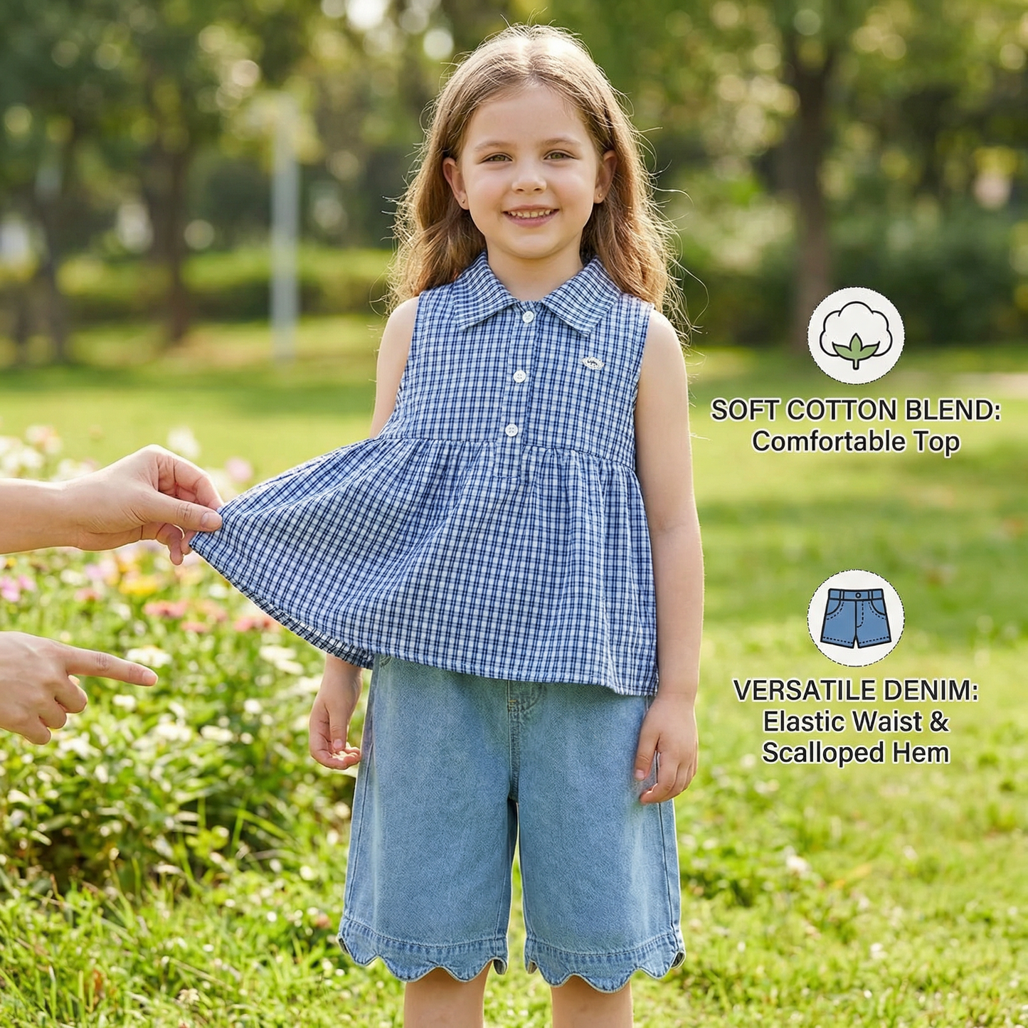 Girls’ Spring & Summer 2-Piece Outfit – Plaid Cotton Blend Top & Versatile Denim Pants Set