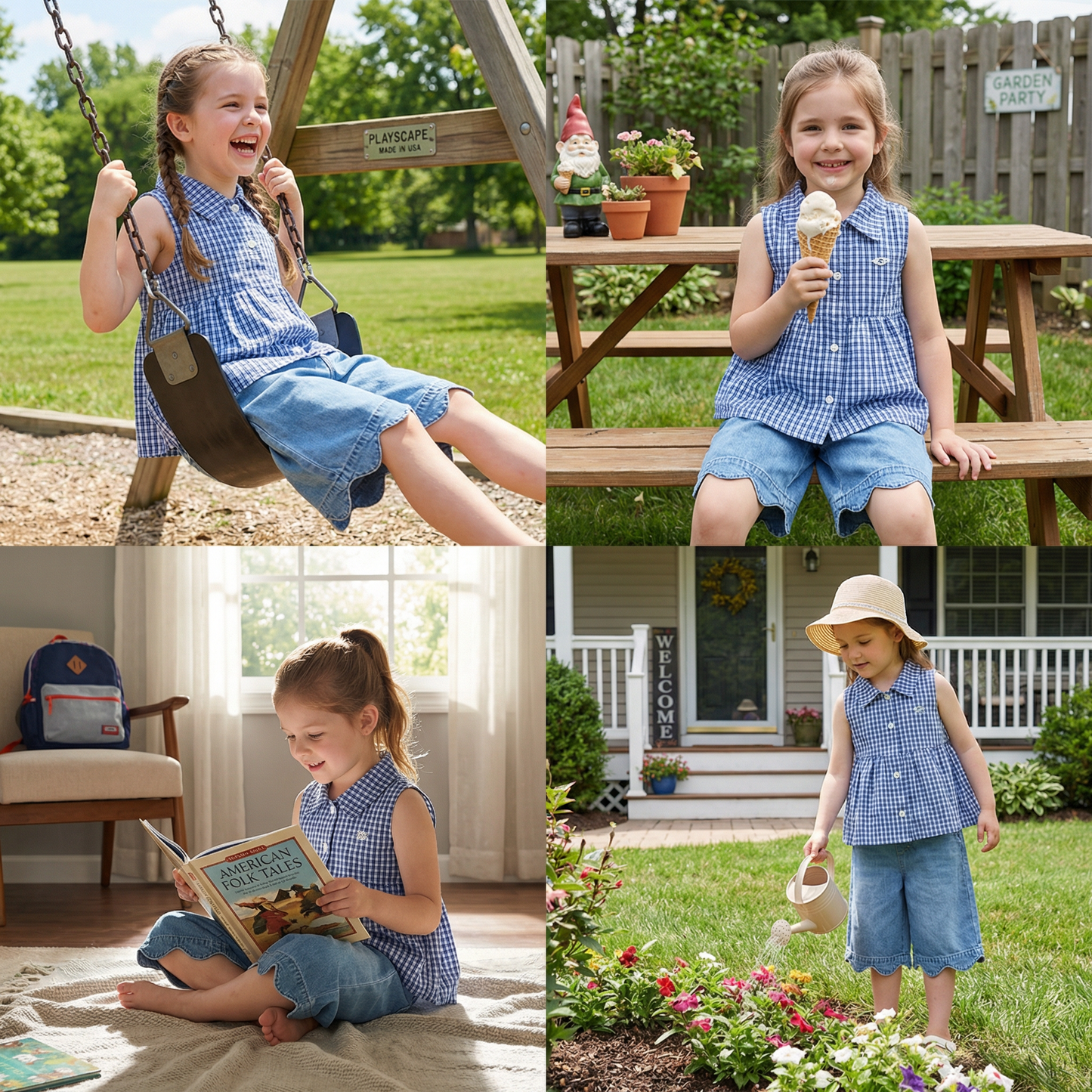 Girls’ Spring & Summer 2-Piece Outfit – Plaid Cotton Blend Top & Versatile Denim Pants Set