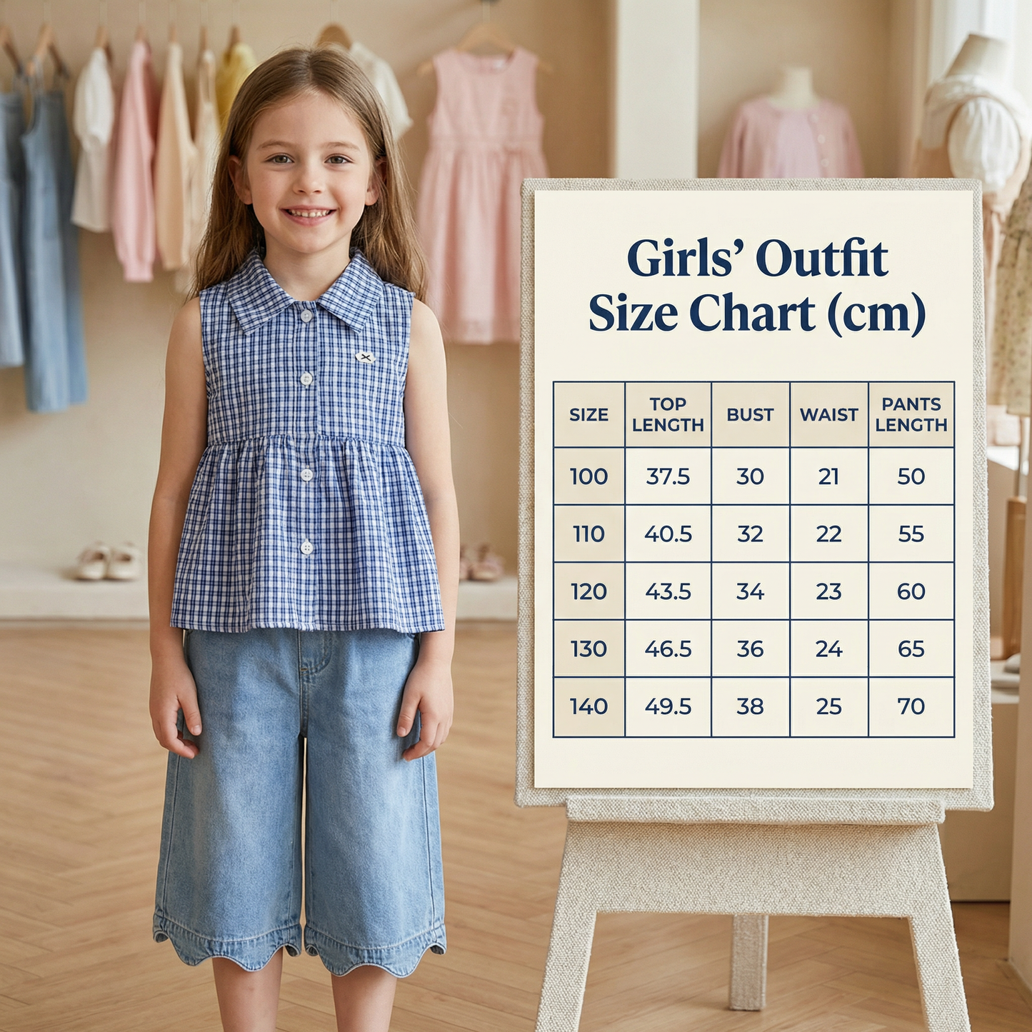 Girls’ Spring & Summer 2-Piece Outfit – Plaid Cotton Blend Top & Versatile Denim Pants Set