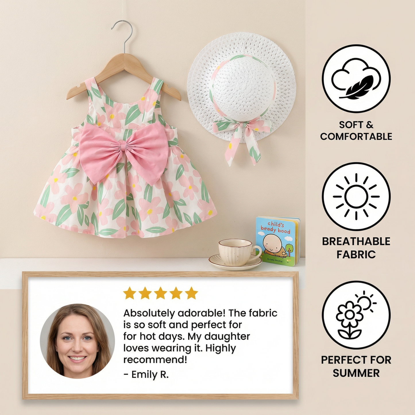 Summer Strap Dress Set for Babies & Toddlers – Sleeveless Bow Dress with Matching Hat