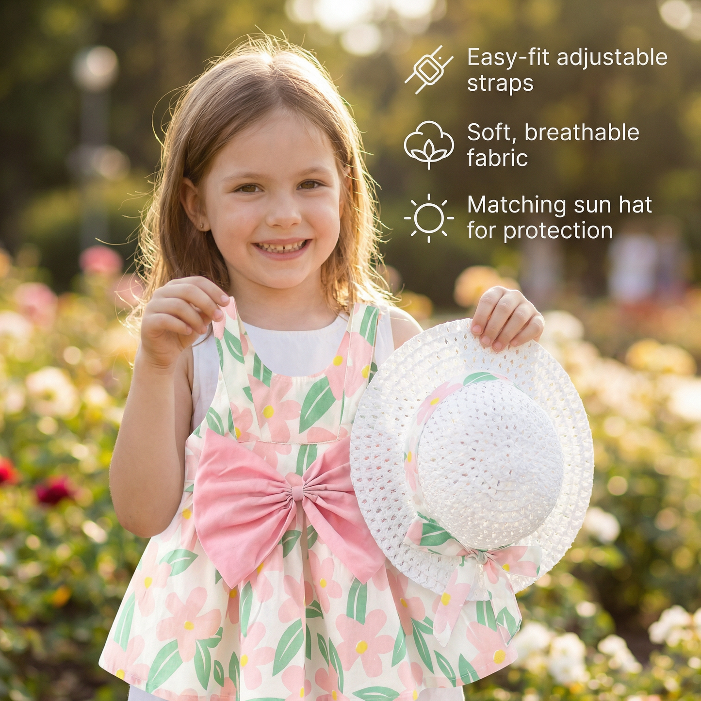 Summer Strap Dress Set for Babies & Toddlers – Sleeveless Bow Dress with Matching Hat