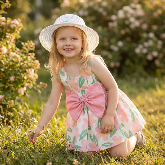 Summer Strap Dress Set for Babies & Toddlers – Sleeveless Bow Dress with Matching Hat