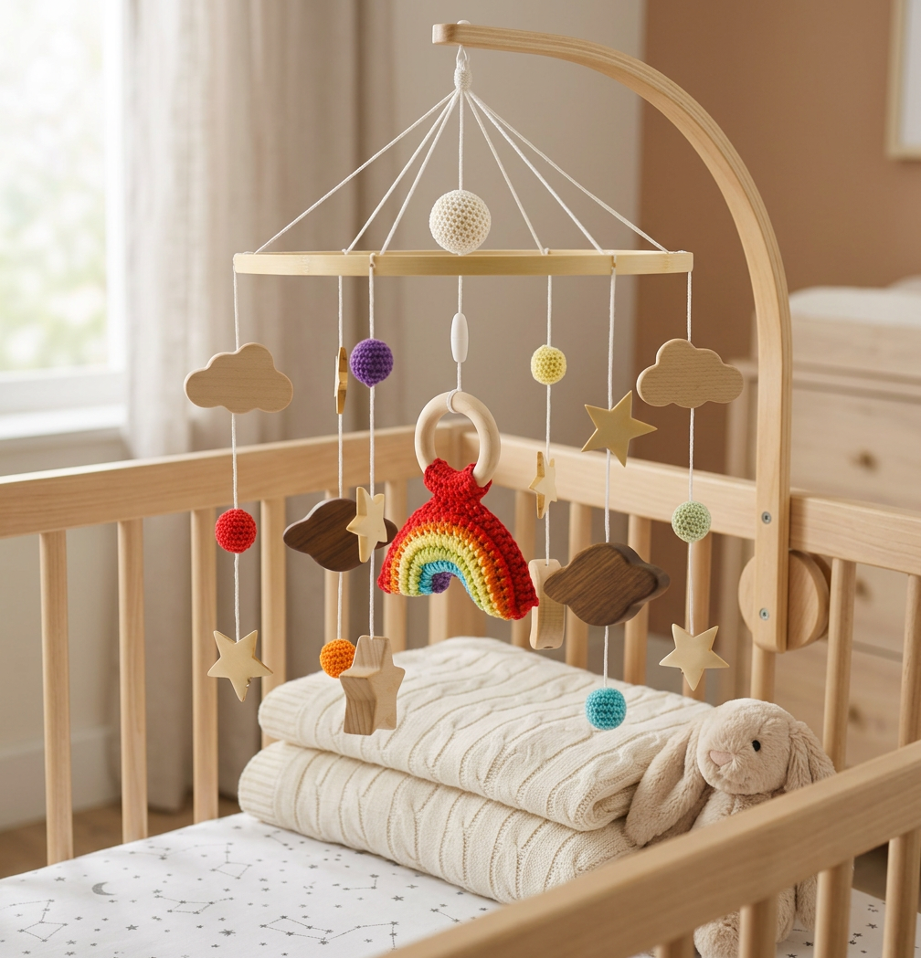 Handmade Wooden Baby Crib Mobile with Crochet Pendants – Soothing Bed Toy for Newborns