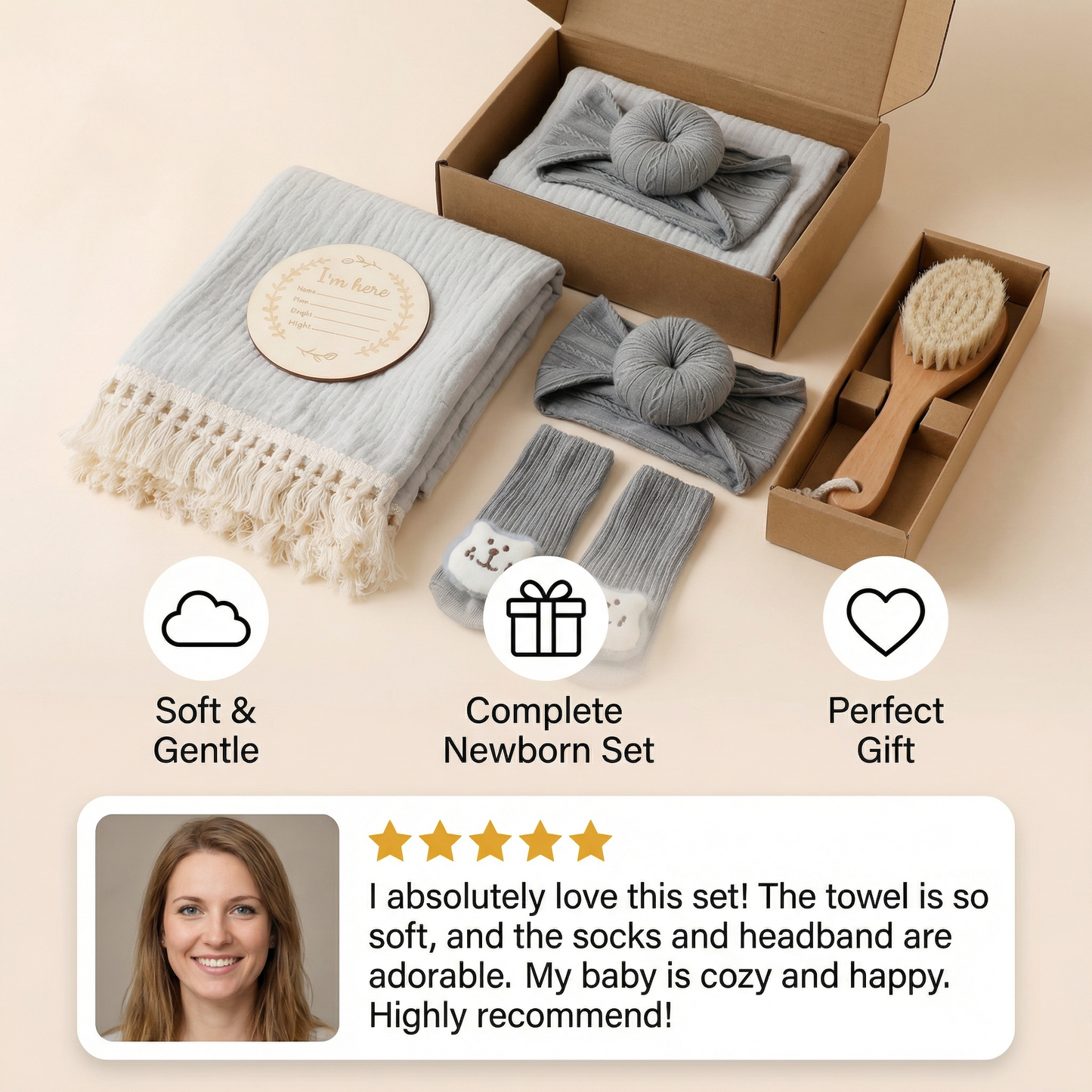 Baby Care Gift Box – Towel, Socks or Headband & Bath Brush for Newborns