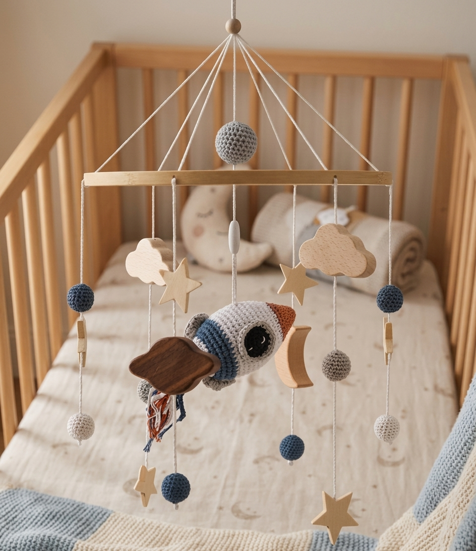 Handmade Wooden Baby Crib Mobile with Crochet Pendants – Soothing Bed Toy for Newborns