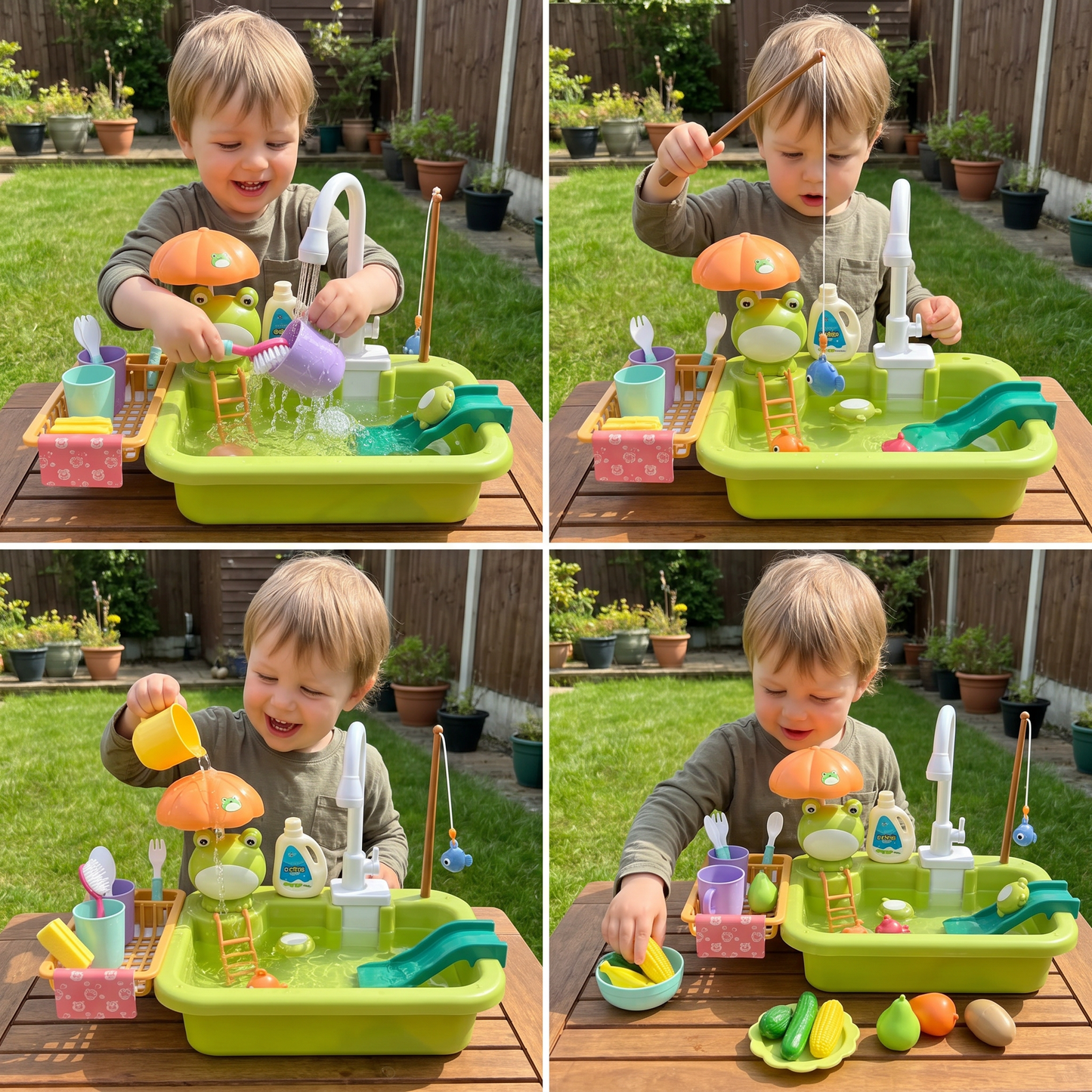 Kids Play Kitchen Sink Set with Running Water & Fishing Game