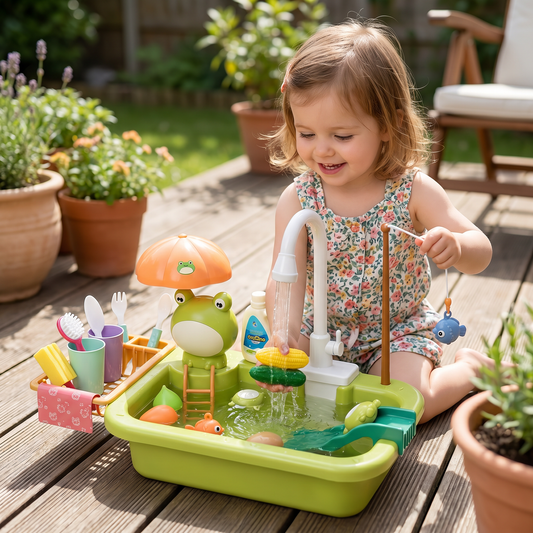 Kids Play Kitchen Sink Set with Running Water & Fishing Game