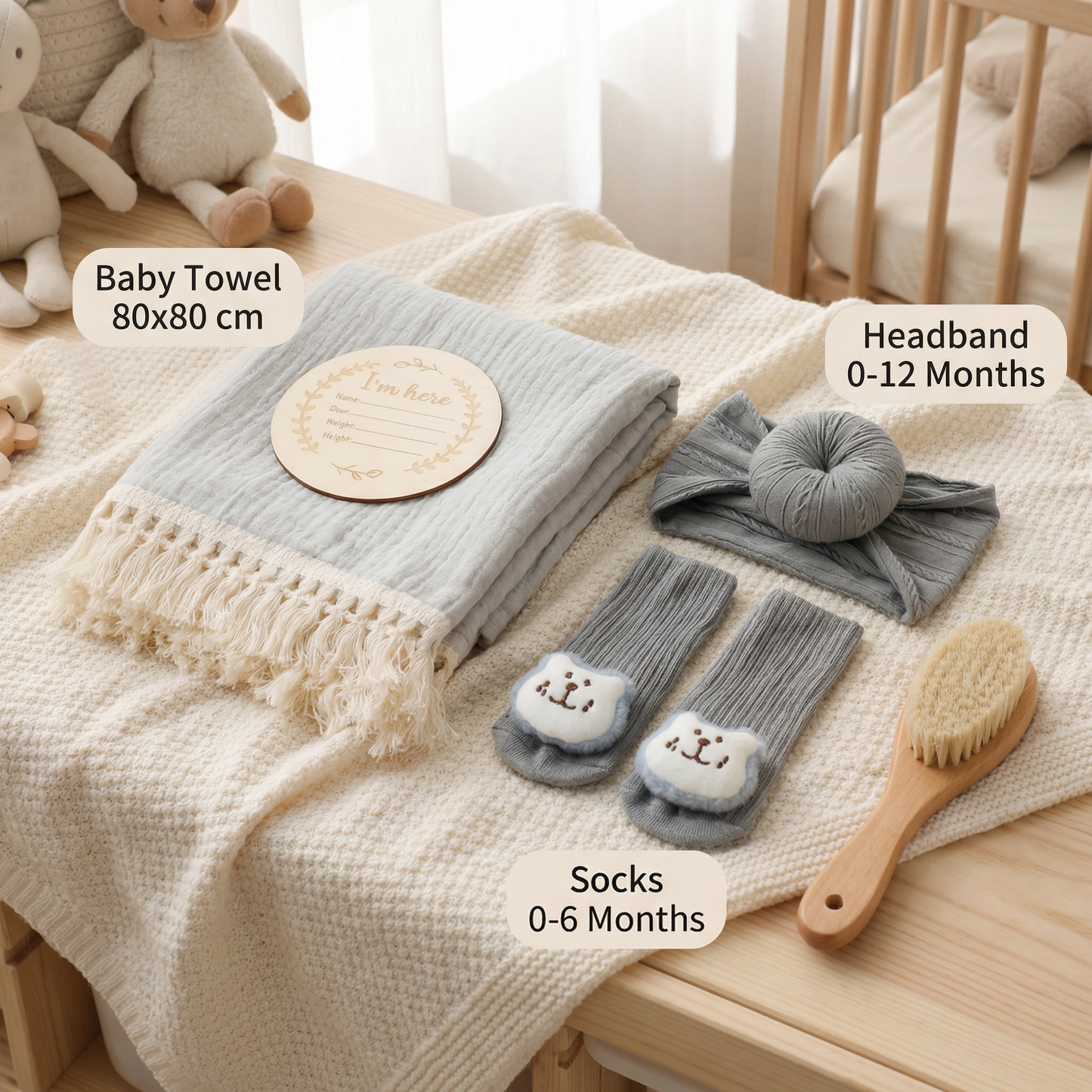 Baby Care Gift Box – Towel, Socks or Headband & Bath Brush for Newborns