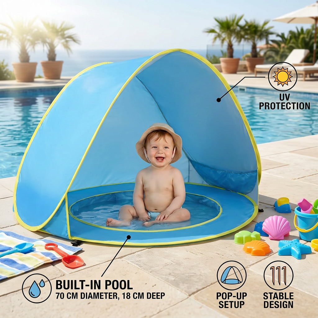 Pop-Up Baby Beach Tent with Built-In Pool & UV Protection – Portable Sun Shade for Kids