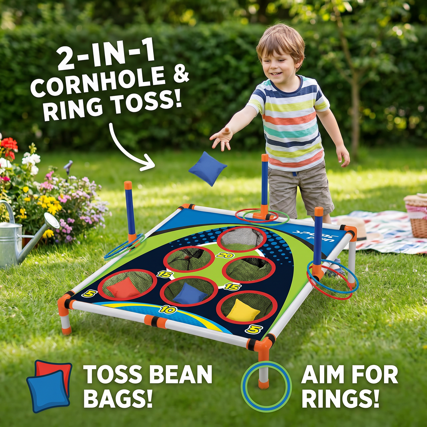 2-in-1 Cornhole & Ring Toss Game Set – Easy Setup for Garden & Travel