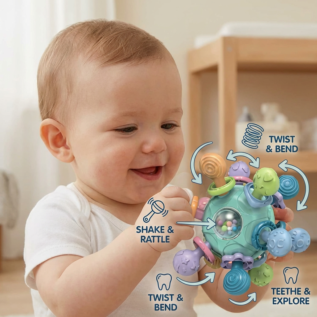 Sensory Baby Activity Ball with Silicone Teether and Rattle