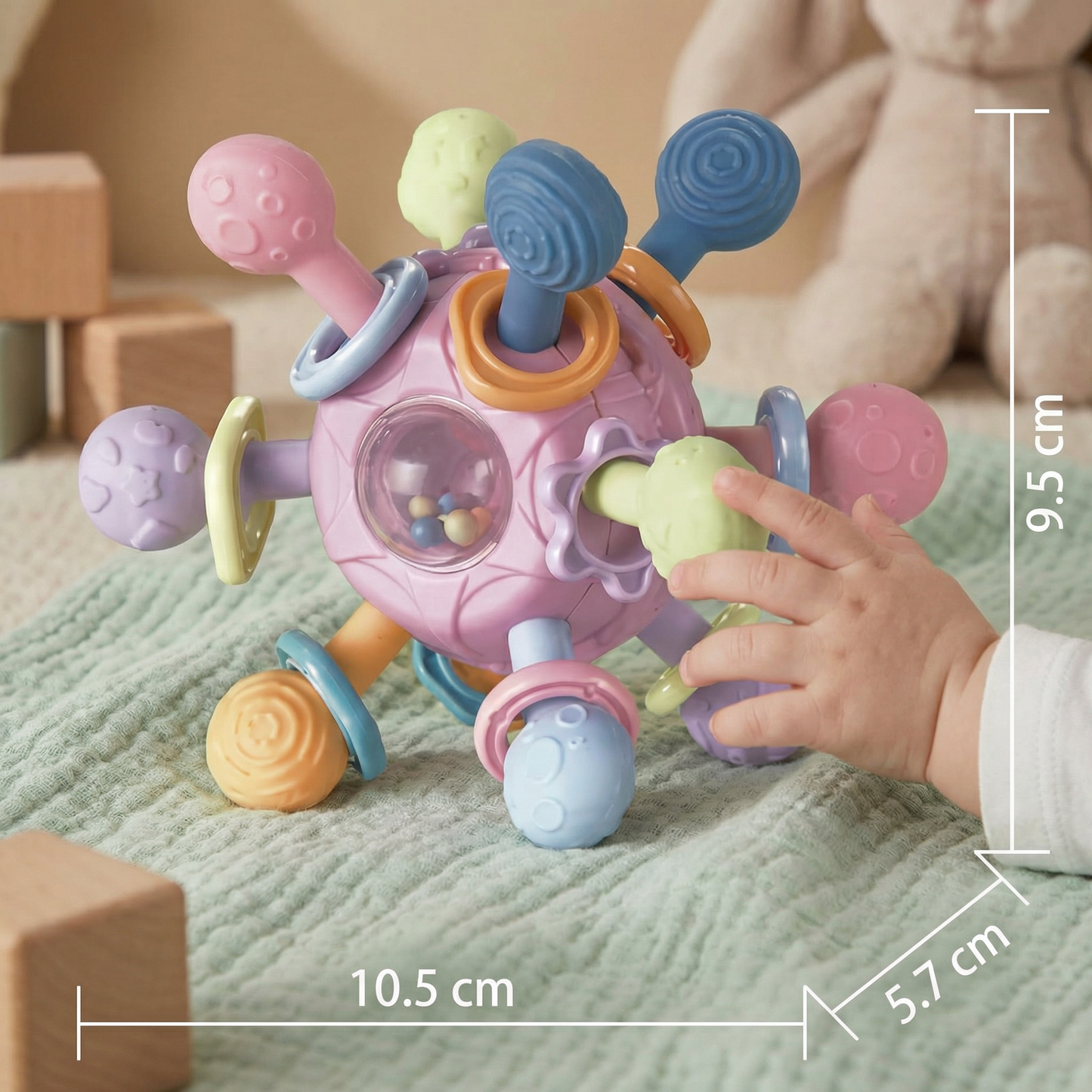 Sensory Baby Activity Ball with Silicone Teether and Rattle
